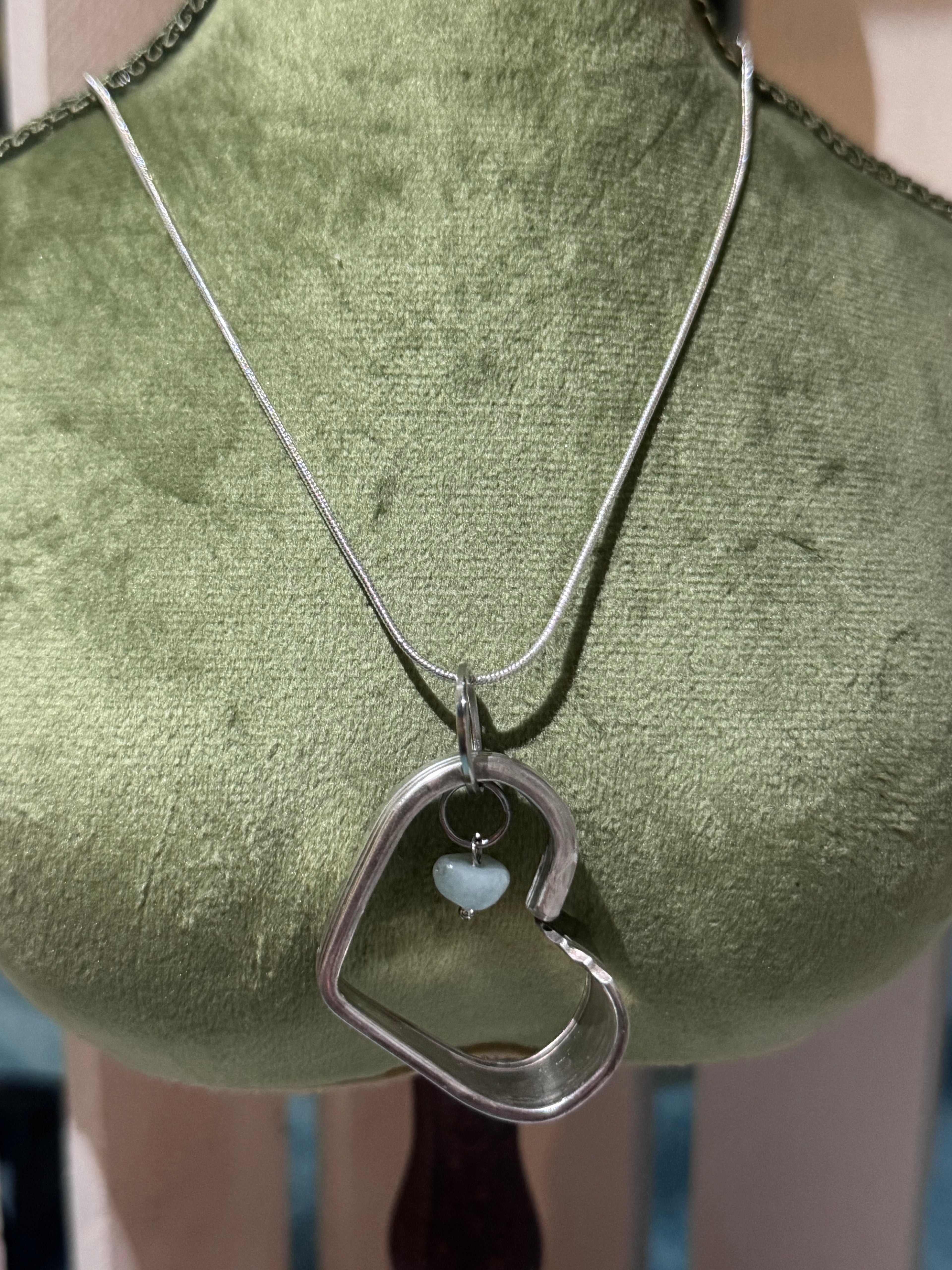 Heart spoon necklace with crystal charm on sterling chain